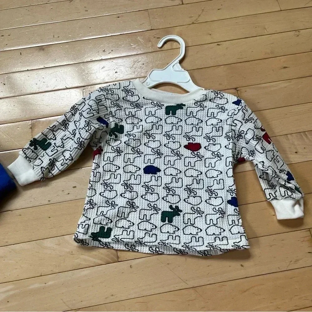 VTG Carters Blue Fleece Overalls Set Long Sleeve Shirt Bear Moose Baby 9-12 M